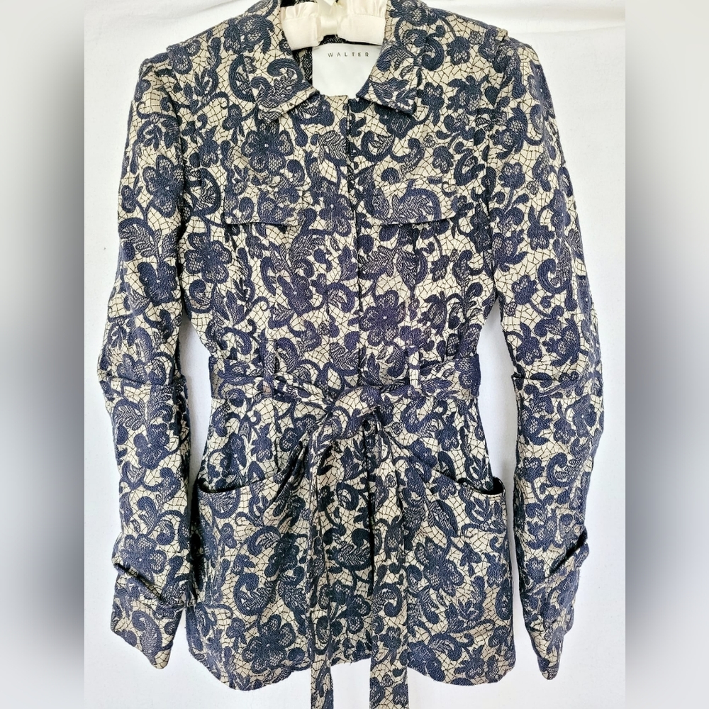 Walter Baker Women's Luxury Jacquard/Cotton Trench Jacket, Blue/Gold, O/XS Size
